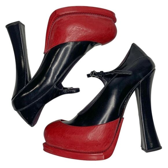 Prada Mary Jane Runway 2012 Black Leather Red Rubber Cap Toe Heels EU 37 Pumps - Picture 5 of 8